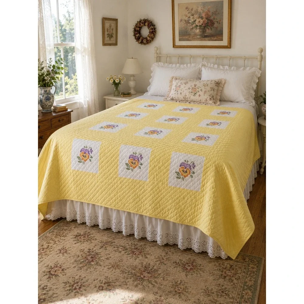Vintage Handmade Pansy Quilt Hand Embroidered Twin Full Yellow 64x82